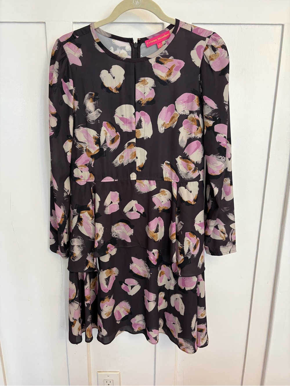 Catherine Malandrino Black Floral-Print Long Sleeve Tiered Dress